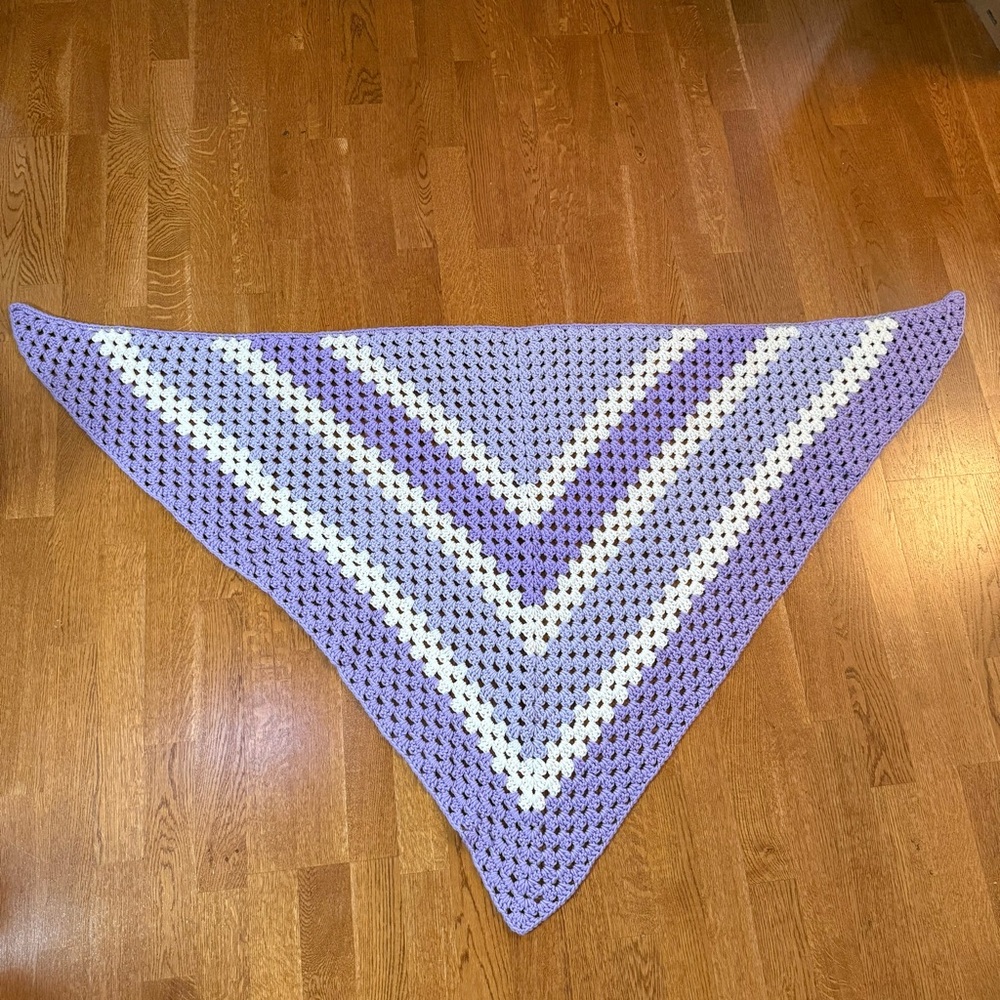 Handmade Crocheted Triangle Shawl Wrap Blanket Purple White 63” Inch X 50” Inch